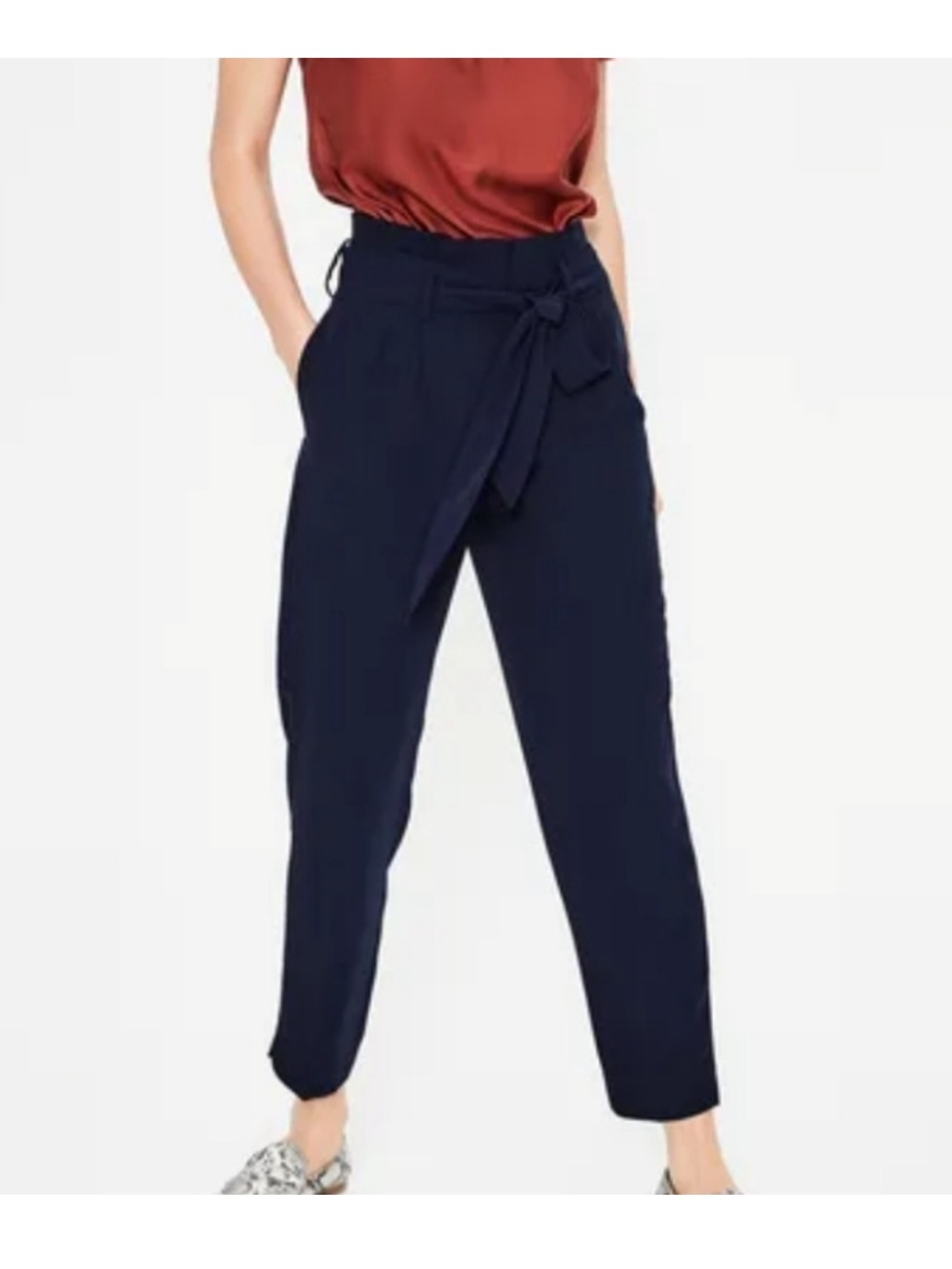 Fat Face Navy Paperbag Tie-Waist Cropped Trousers
